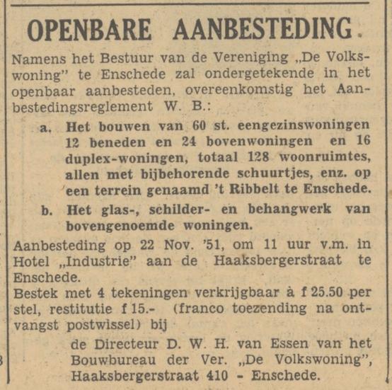 Haaksbergerstraat 410 Bouwbureau Vereniging De Volkswoning Directeur D.W.H. van Essen. advertentie Tubantia 7-11-1951.jpg