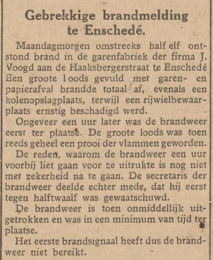 Haaksbergerstraat 167 brand garenfabriek J. Voogd krantenbericht 6-5-1926..jpg