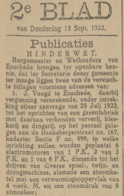 Haaksbergerstraat 167 oprichting garenfabriek J. Voogd krantenbericht Tubantia 13-9-1923.jpg