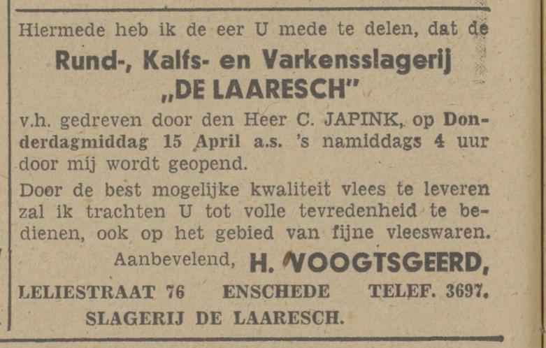 Leliestraat 76 H. Voogtsgeerd Slagerij de Laares advertentie Tubantia 14-4-1948.jpg