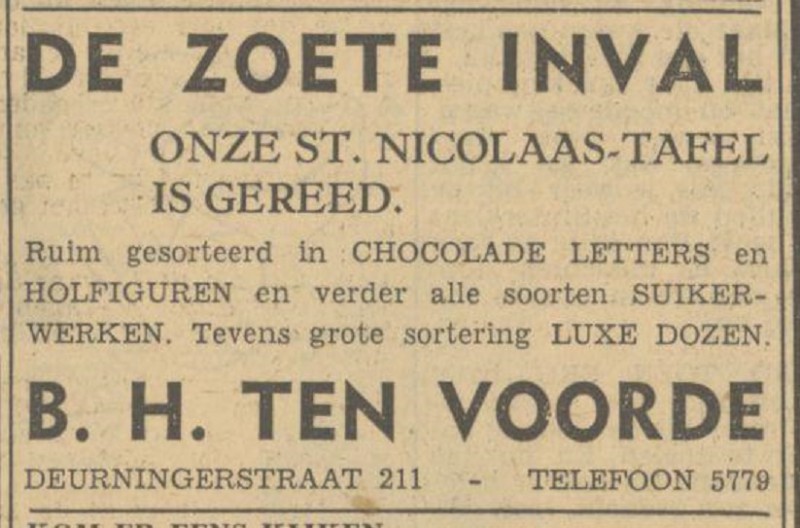 Deurningerstraat 211 winkel De Zoete inval van B.H. ten Voorde advertentie Tubantia 29-11-1949.jpg