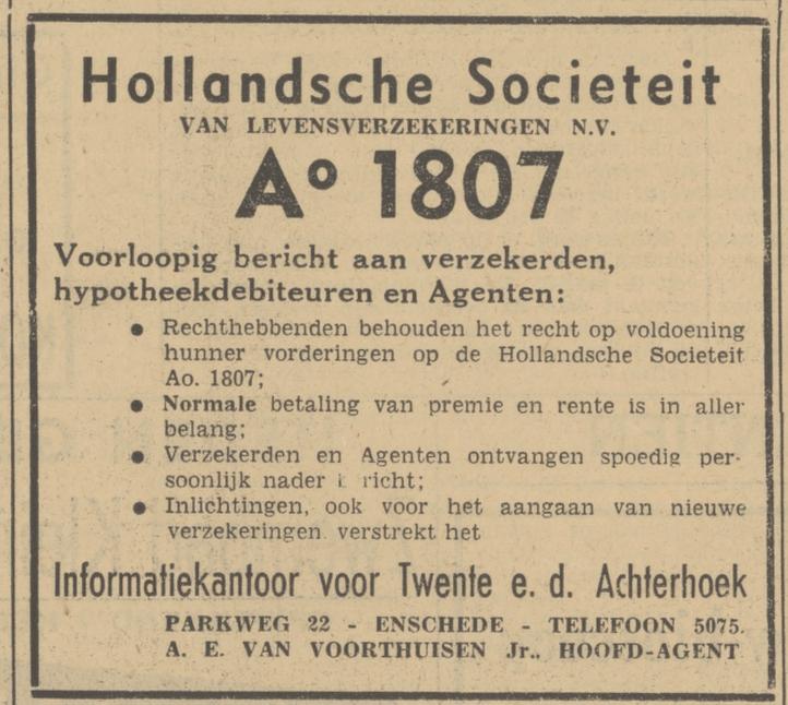 Parkweg 22 A.E. van Voorthuisen Hoofdagent Hollandsche Societeit van Levensverzekeringen Ao 1807. advertentie Tubantia 18-5-1940.jpg