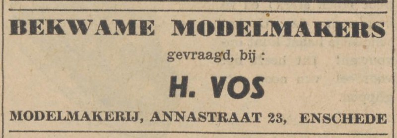 Annastraat 23 modelmakerij H. Vos advertententie Eindhovensch dagblad 19-12-1953.jpg