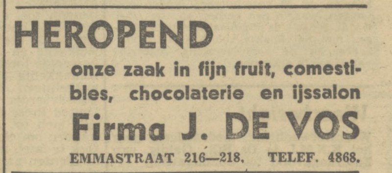Emmastraat 216-218 Firma J. de Vos fruit, comestibles en ijssalon advertentie Tubantia 16-11-1946.jpg