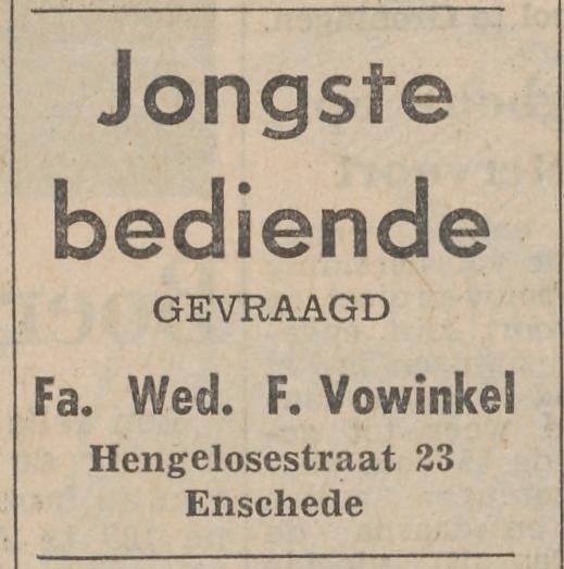 Hengelosestraat 23 Fa. Wed. F. Vowinkel advertentie Tubntia 18-10-1961.jpg