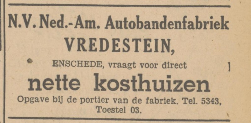 Burgemeester Stroinkweg Vredestein Nederlands Amerikaanse Autobandenfabriek advertentie Tubantia 19-8-1948.jpg