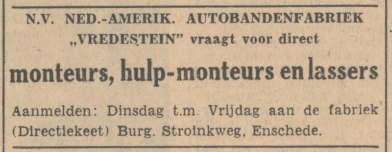 Burgemeester Stroinkweg Vredestein Nederlands Amerikaanse Autobandenfabriek advertentie Tubantia 8-7-1947.jpg