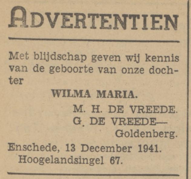 Hogelandsingel 67 M.H. de Vreede advertentie Tubantia 15-12-1941.jpg