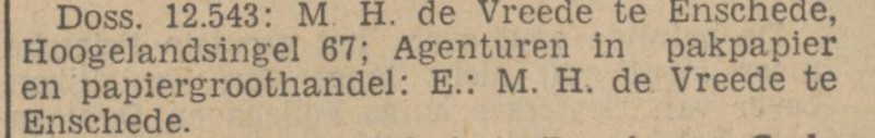 Hogelandsingel 67 M.H. de Vreede Agenturen in pakpapier en papiergroothandel krantenbericht Tubantia 2-11-1940.jpg