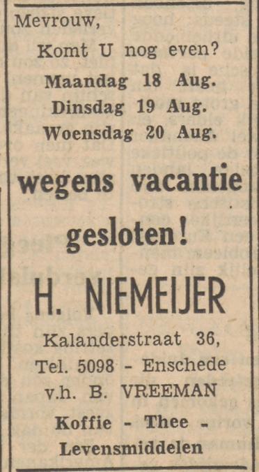 Kalanderstrat 36 H. Niemeijer v.h. B. Vreeman advertentie Tubantia 14-8-1952.jpg