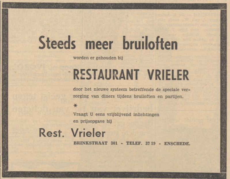 Brinkstraat 301 Restaurant Vrieler advertentie Tubantia 27-1-1960.jpg
