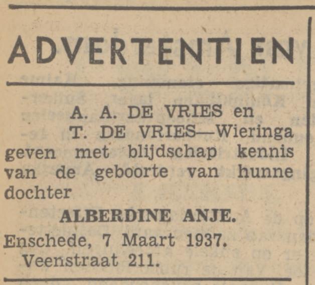 Veenstraat 211 A.A. de Vries advertentie Tubantia 9-3-1937.jpg