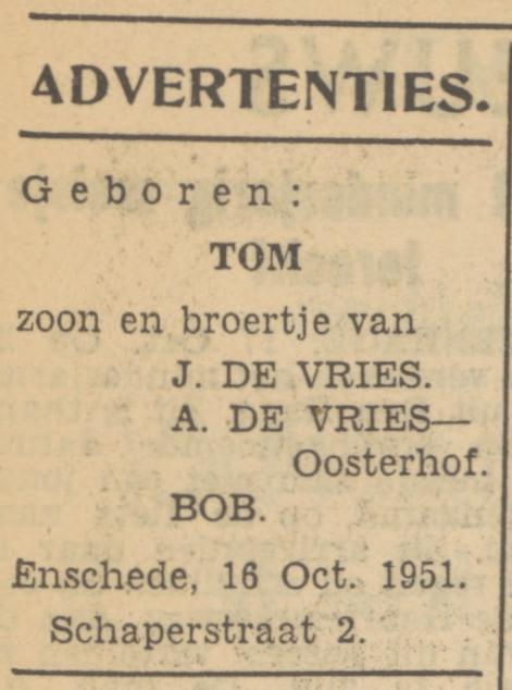 Schaperstraat 2 J. de Vries advertentie Tubantia 17-10-1951.jpg