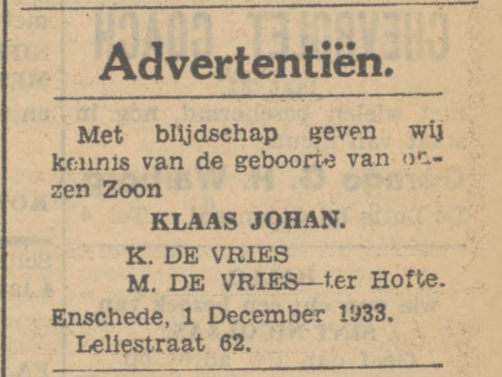Leliestraat 62 K. de Vries advertentie Tubantia 2-12-1933.jpg