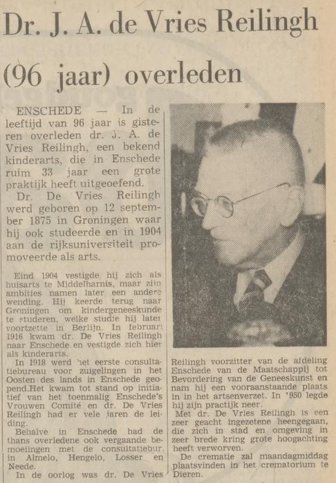 Dr. de Vries Reilingh kinderarts krantenbericht Tubantia 4-11-1971.jpg