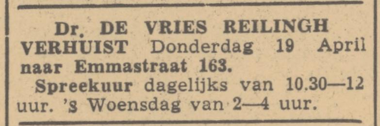 Emmastraat 163 Dr. de Vries Reilingh advertentie De Waarheid 19-4-1945.jpg