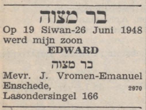 Lasondersingel 166 Mevr. J. Vromen-Emanuel advertentie Nieuw Israelietisch weekblad 2-7-1948.jpg