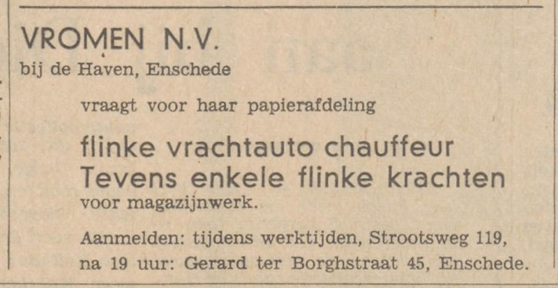 Strootsweg 119 Vromen N.V. advertentie Tubantia 2-9-1965.jpg