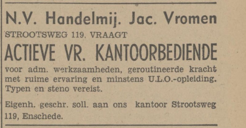 Strootsweg 119 N.V. Handelmij. Jac. Vromen advertentie Tubantia 9-12-1947.jpg