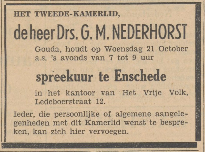 Ledeboerstraat 12 kantoor Het Vrije Volk advertentie Tubantia 20-10-1953.jpg