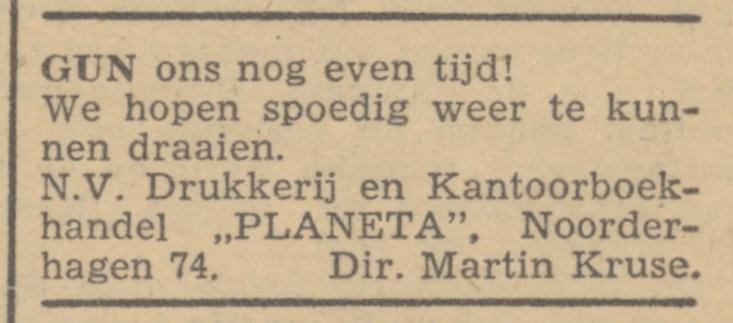Noorderhagen 74 Drukkerij en Kantoorboekhandel Planeta M. Kruse advertentie de Trouw 11-5-1945.jpg
