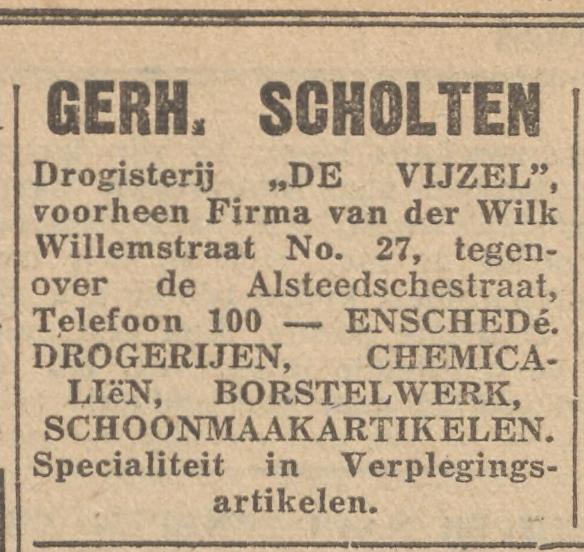 Willemstraat 27 tegenover Alsteedsestraat Drogisterij De Vijzel voorheen Fa. van der Wilk advertentie De Volkskrant 12-12-1931.jpg