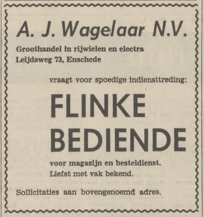 Leijdsweg 73 A.J. Wagelaar N.V.  groothandel in rijwielen advertentie Tubantia 7-9-1968.jpg