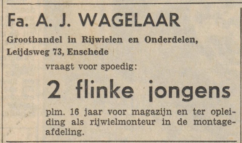 Leijdsweg 73 Fa. A.J. Wagelaar  groothandel in rijwielen advertentie Tubantia18-3-1961.jpg