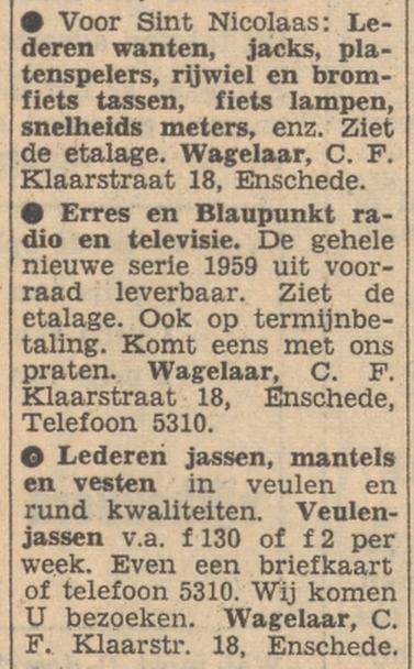 C.F. Klaarstraat 18 Wagelaar advertentie Tubantia 29-11-1958.jpg