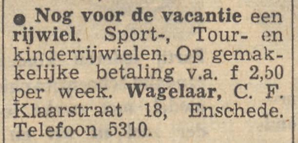 C.F. Klaarstraat 18 Wagelaar advertentie Tubantia 13-7-1957.jpg