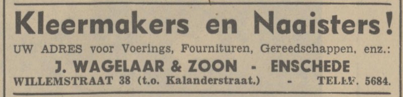 Willemstraat 38 J. Wagelaar & Zoon fournituren advertentie Tubantia 1-5-1937.jpg
