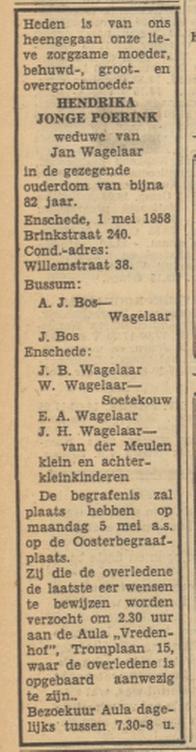 Brinkstraat 240 H. Wagelaar-Jonge Poerink overlijdensadvertentie Tubantia 2-5-1958.jpg