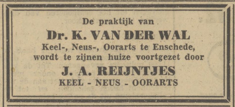 Ripperdastraat 23 Dr. K. van der Wal Keel-, Neus-, Oorarts advertentie Tubantia 2-1-1951.jpg