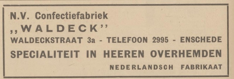 Waldeckstraat 3a N.V. Confectiefabriek Waldeck advertentie Centraal Blad voor Israëlieten in Nederland 27-8-1936.jpg