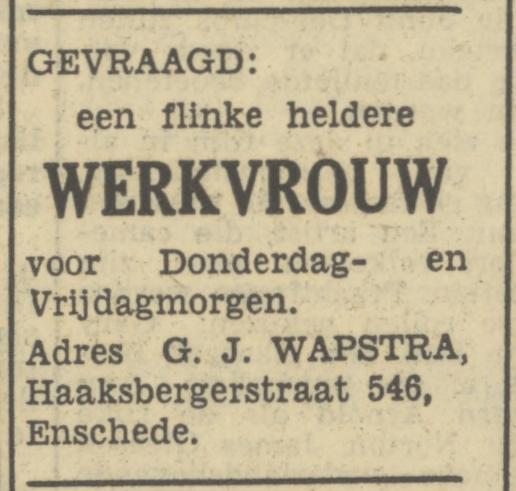 Haaksbergerstraat 546 G.J. Wapstra advertentie Tubantia 11-3-1950.jpg
