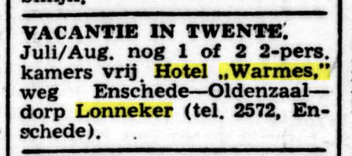 Oldenzaalsestraat 703 Lonneker Hotel Warmes Advertentie. De Tĳd  godsdienstig-staatkundig dagblad. 's-Hertogenbosch, 09-07-1949..jpg