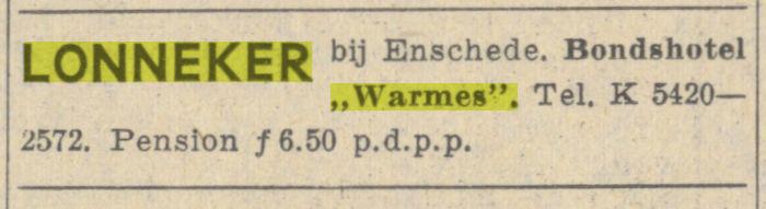 Oldenzaalsestraat 703 Lonneker Bondshotel Warmes Advertentie. Algemeen Handelsblad. Amsterdam, 07-06-1952..jpg