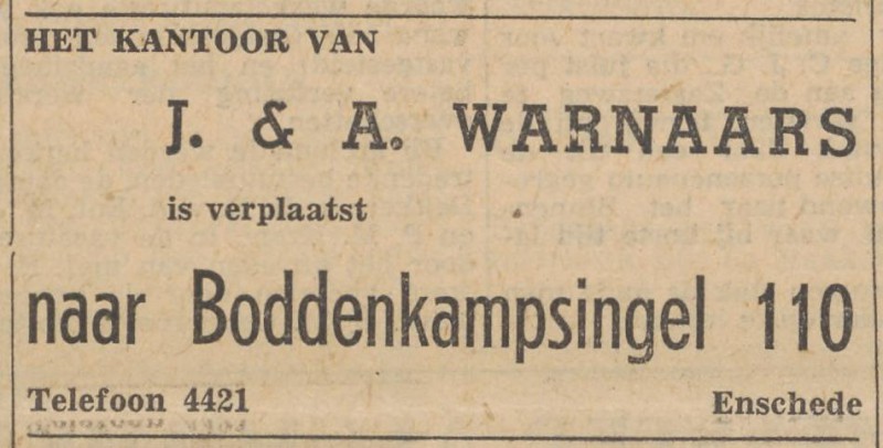 Boddenkampsingel 110 J. & A. Warnaars advertentie Tubantia 3-5-1954.jpg