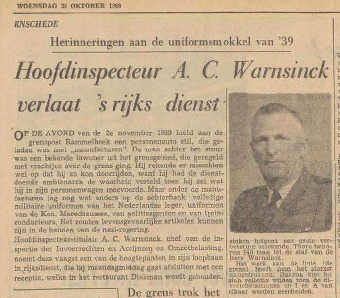 A.C. Warnsinck Hoofdinspecteur titulair Invoerrechten en Accijnzen krantenbericht Tubantia 26-10-1960.jpg