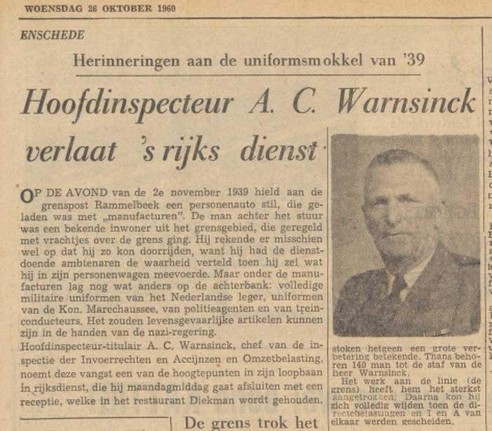 A.C. Warnsinck Hoofdinspecteur titulair Invoerrechten en Accijnzen krantenbericht Tubantia 26-10-1960.jpg