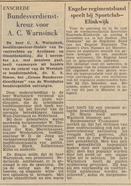 A.C. Warnsinck Hoofdinspecteur titulair Invoerrechten en Accijnzen krantenbericht Tubantia 29-10-1960.jpg