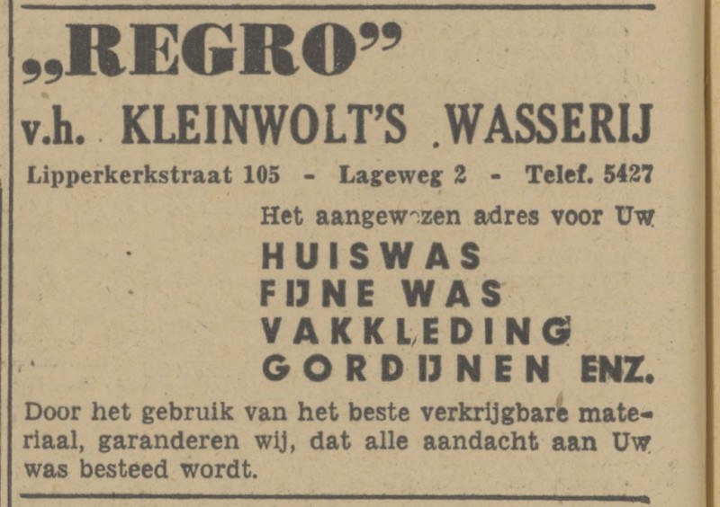 Lageweg 2 Regro v.h.Kleinwolt's wasserij advertentie Tubantia 14-2-1948.jpg