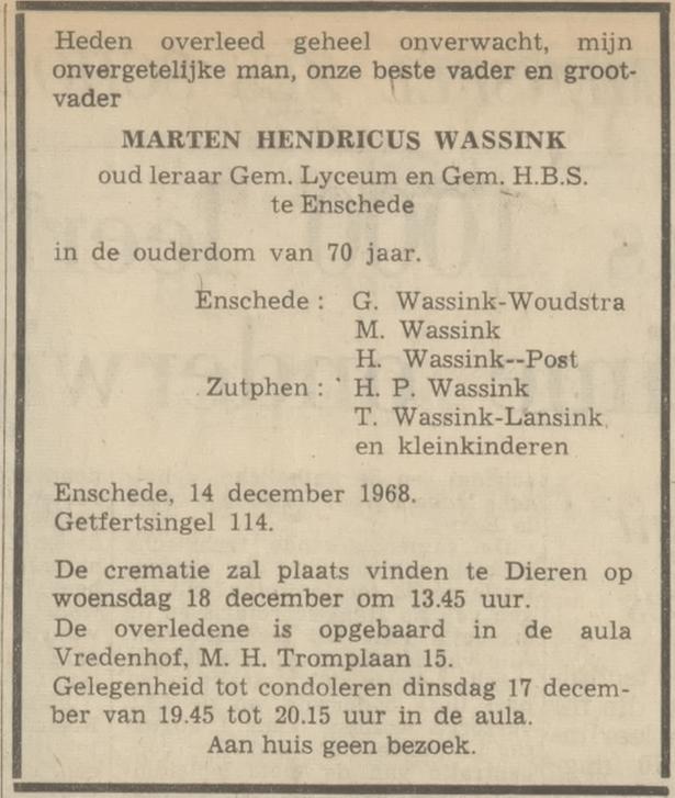 Getfertsingel 114 M.H. Wassink Overlijdensadvertentie Tubantia 16-12-1968.jpg