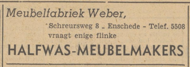 Schreursweg 8 meubelfabriek Weber advertentie Tubantia 21-5-1949.jpg