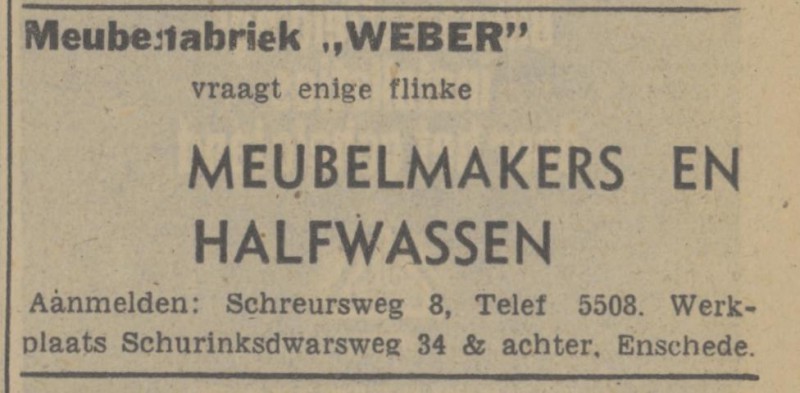 Schreursweg 8 Meubelfabriek Weber advertentie Tubantia 22-5-1948.jpg