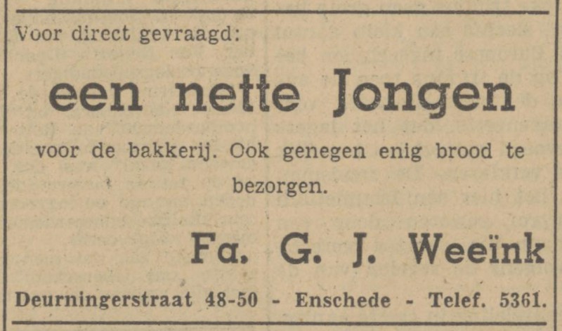 Deurningerstraat 48-50 bakkerij Fa. G.J. Weeink advertentie Tubantia 30-7-1951.jpg