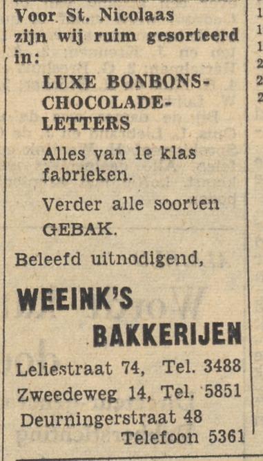 Zwedeweg 14 Bakkerij Weeink advertentie Tubantia 1-12-1954.jpg