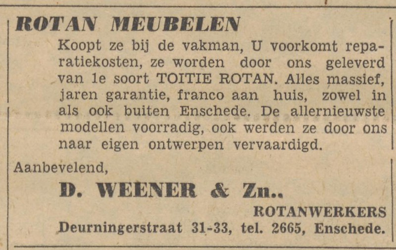 Deurningerstraat 31-33 D. Weener & Zn. advertentie Tubantia 1-4-1955.jpg