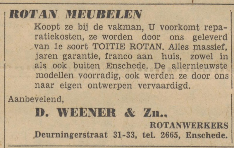 Deurningerstraat 31-33 D. Weener & Zn. advertentie Tubantia 1-4-1955.jpg
