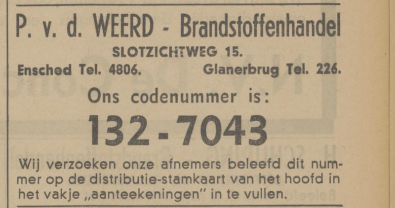 Slotzichtweg 15 Brandstoffenhandel P. v.d. Weerd advertentie Tubantia 8-11-1941.jpg